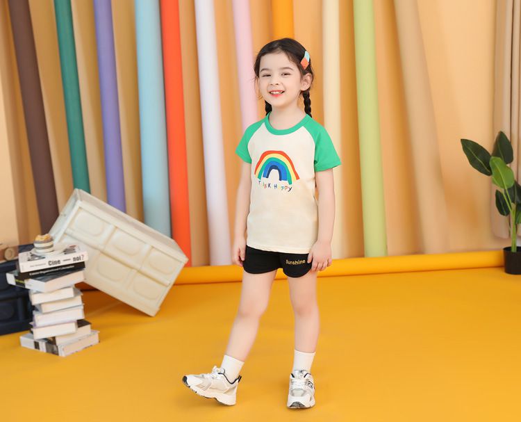 純棉短袖上衣-THINK HAPPY彩虹-米白+綠