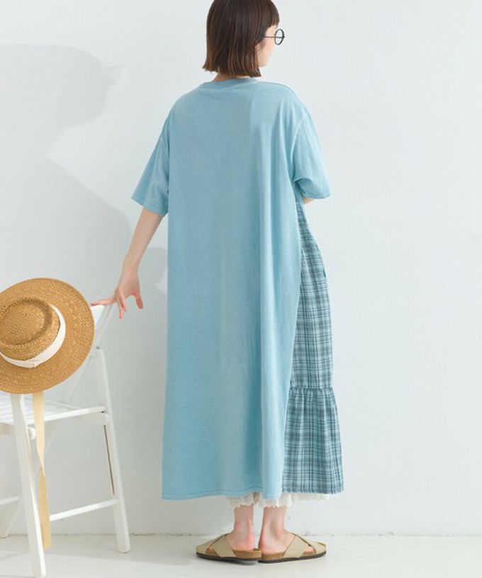 日本 Lupilien - 復古寬鬆格紋拼接短袖洋裝-BETTER-粉紅