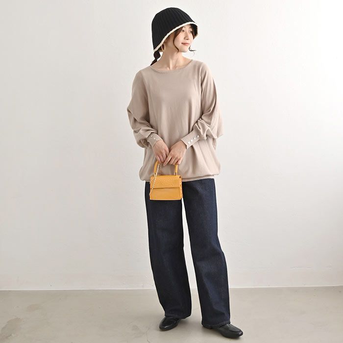 日本 ihuu - 袖釦寬鬆大圓領舒適針織上衣-灰藍