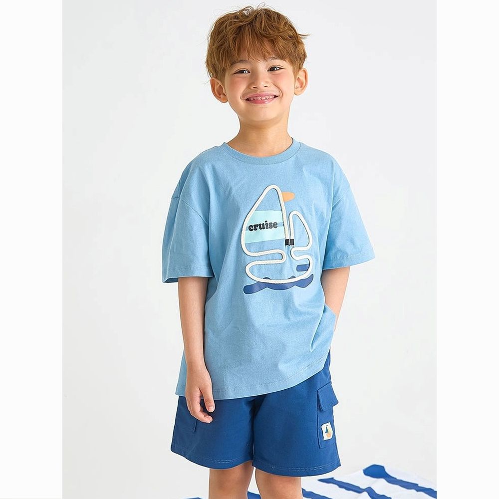 棉繩帆船裝飾短袖套裝-藍