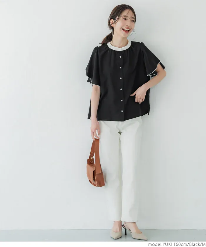 日本 COCA - 簡約撞色雪紡荷葉短袖襯衫-白