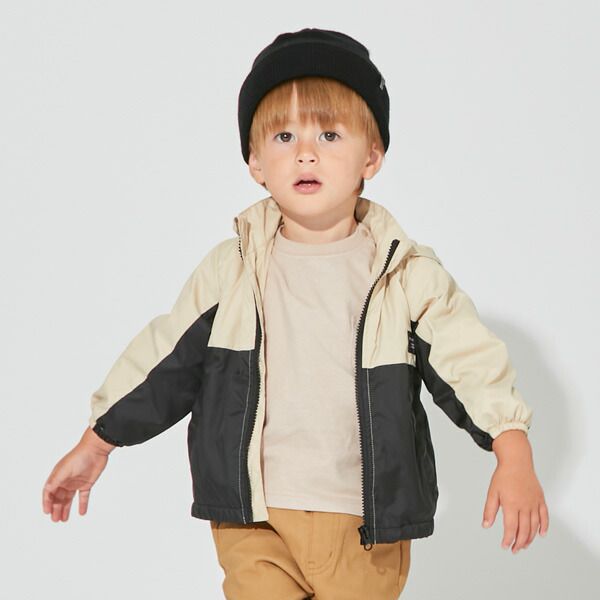 日本 petit main - 拼接雙色連帽輕量防風外套-淺黃x薄荷