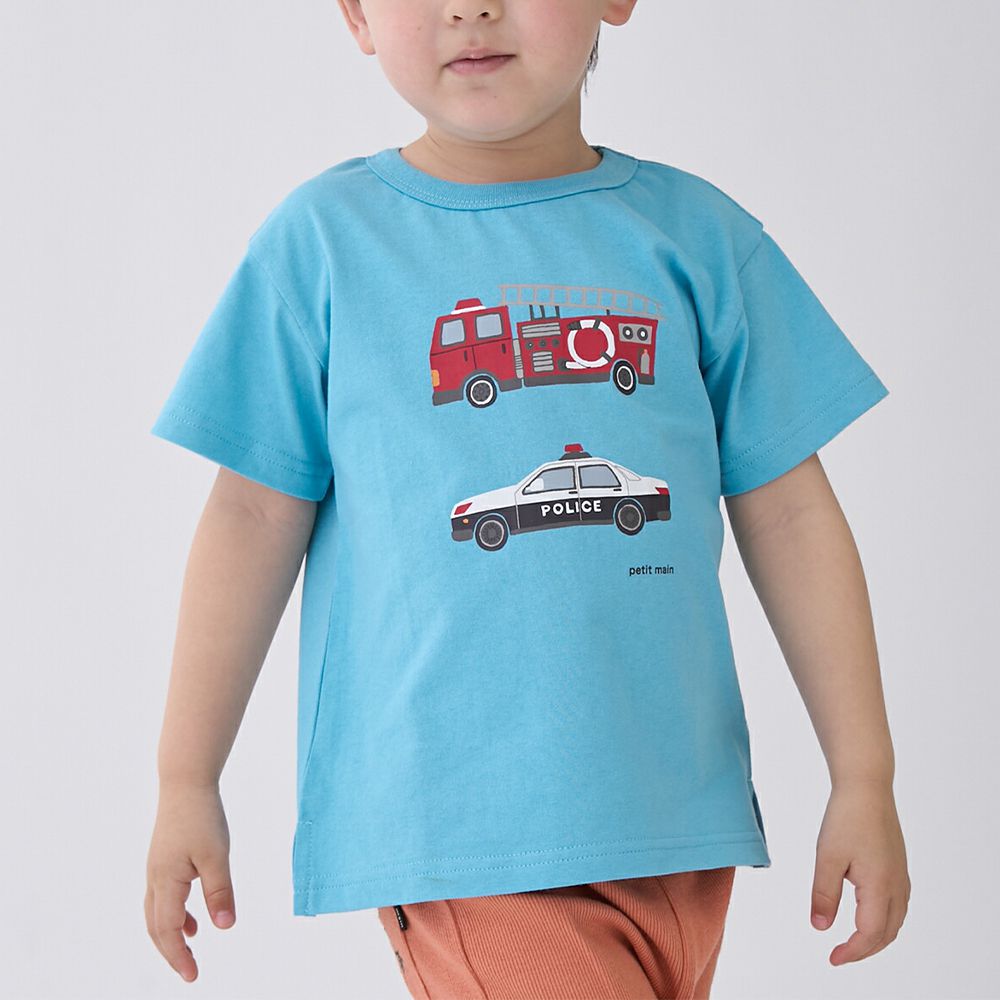 100%棉 可愛百搭短袖上衣-警車消防車-水藍