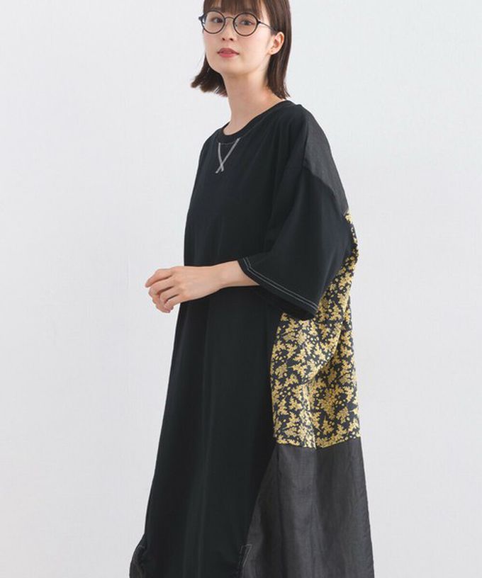 日本 Lupilien - 異素材花朵拼布清新五分袖洋裝-黑