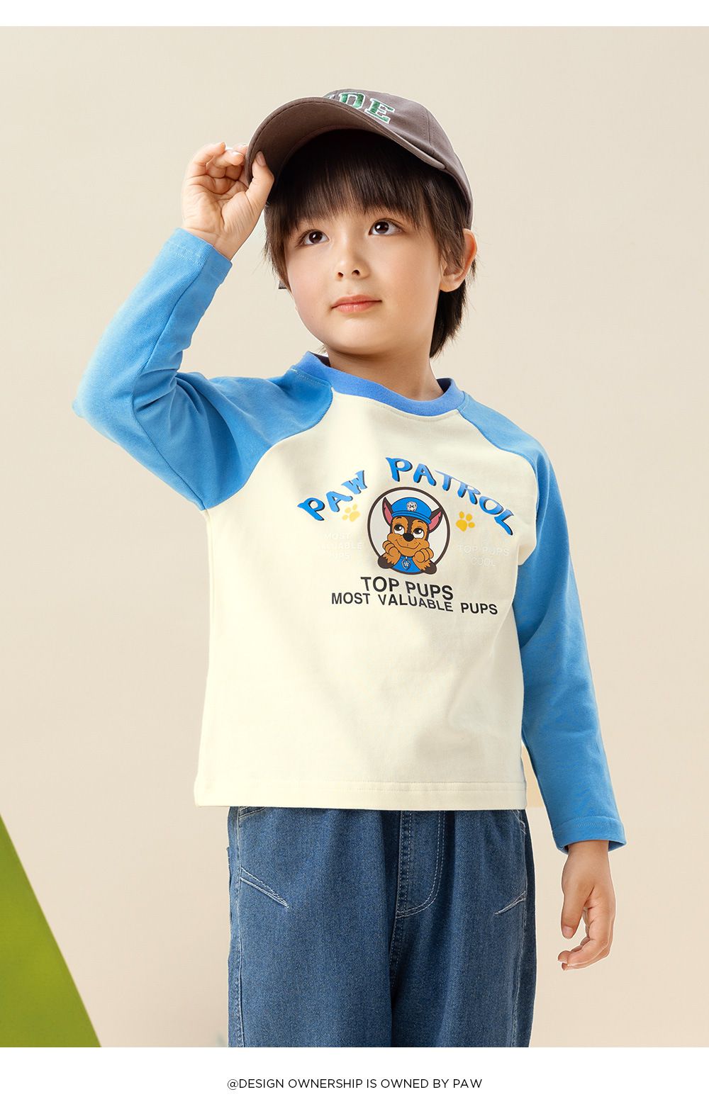 卡通汪汪隊純棉圓領長袖上衣-卡通人物小礫-黃+灰