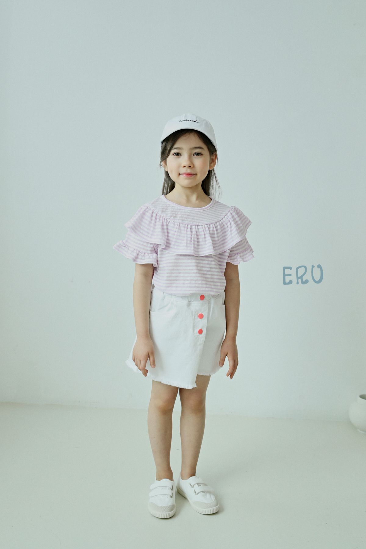 韓國 ERU - 荷葉圓領條紋上衣-鵝黃