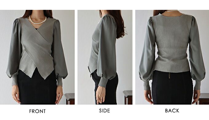 日本 BLUE EAST - V領羅紋拼接泡泡長袖上衣-藍灰