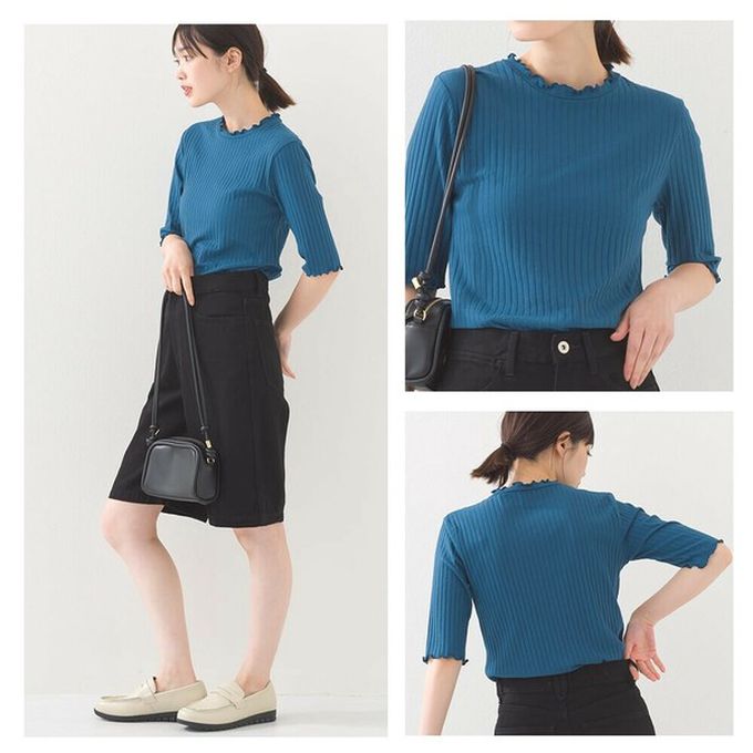 日本 OMNES - 輕盈木耳邊合身羅紋短袖上衣-土耳其藍