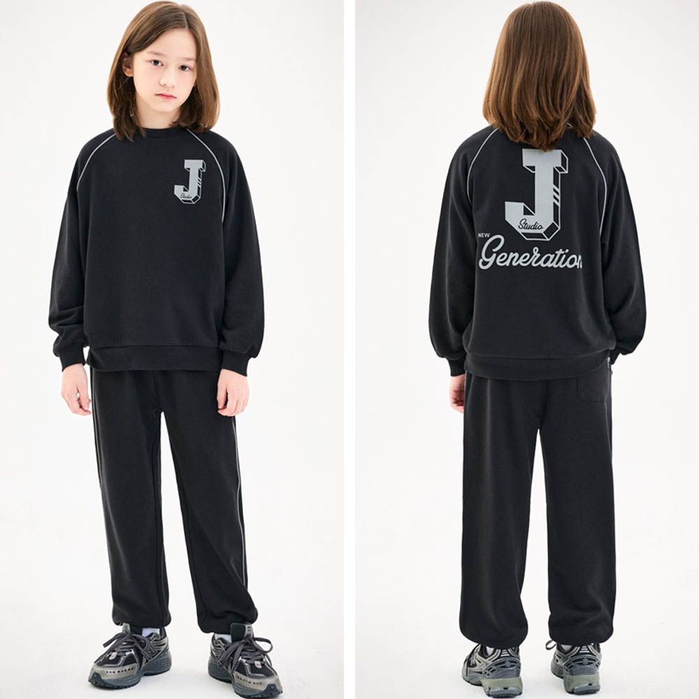 酷帥J字印休閒長袖套裝-黑