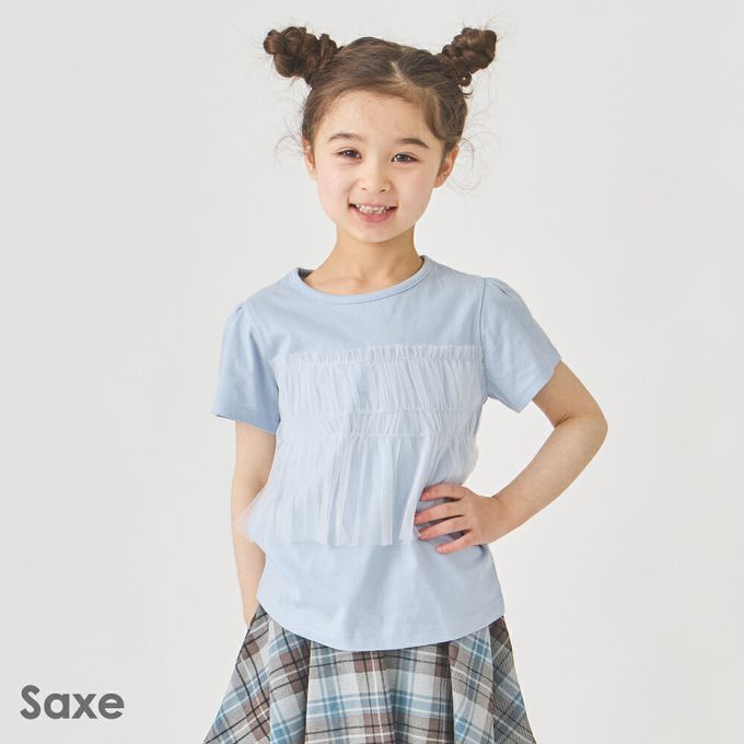 日本 evercloset - 100%棉 層次透明蕾絲短袖上衣-藍