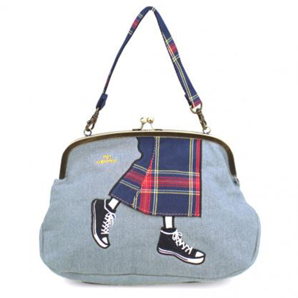 mis zapatos - 2way蘇格蘭裙口金包(棉布&皮革)-BL藍色 (19*28*8cm)