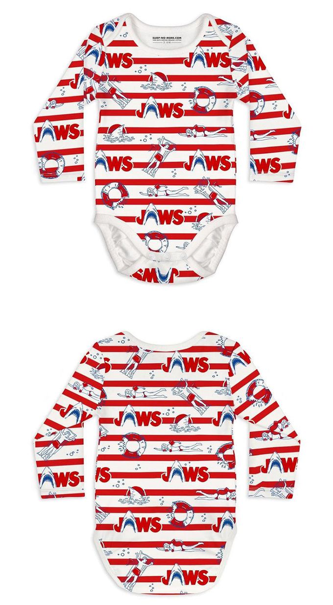 英國 SLEEP NO MORE - 100% 有機棉長袖包屁衣-大白鯊JAWS/紅色橫條紋漫畫塗鴉 (1.5-2 Y)