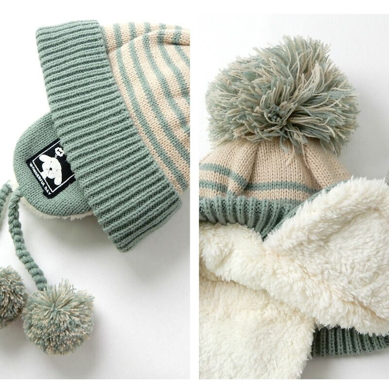 日本 ZOOLAND - 護耳羊羔絨保暖毛帽-條紋小狗-薄荷 (頭圍50-54cm)