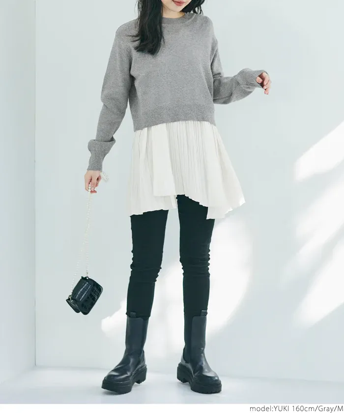 日本 COCA - 細摺拼接圓領針織長袖上衣-黑