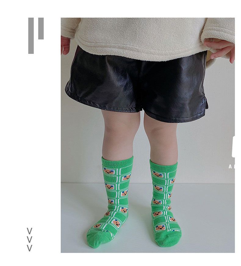 兒童中筒襪 (三入一組)-1084小熊碎花-B款-白粉綠各1