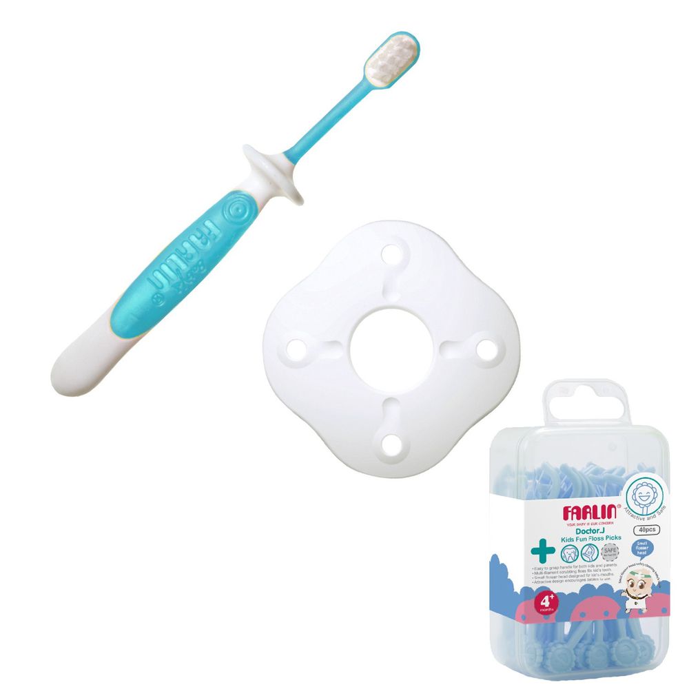 FARLIN - 嬰兒練習牙刷(附檔片/8m+)-藍-3入/組+牙線1盒(藍)