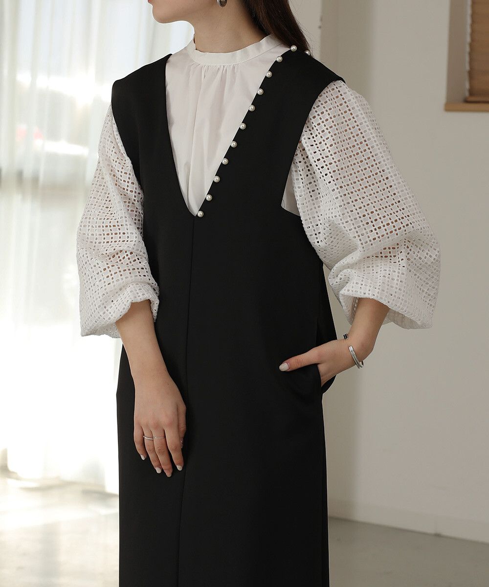 日本 Bab - 棉質立領雕花泡泡袖上衣-氣質米