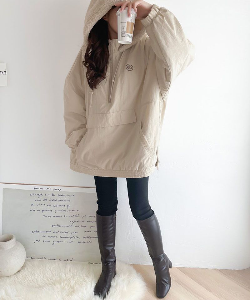 日本 Classical Elf - 刺繡防風前口袋鋪棉長袖上衣-摩卡