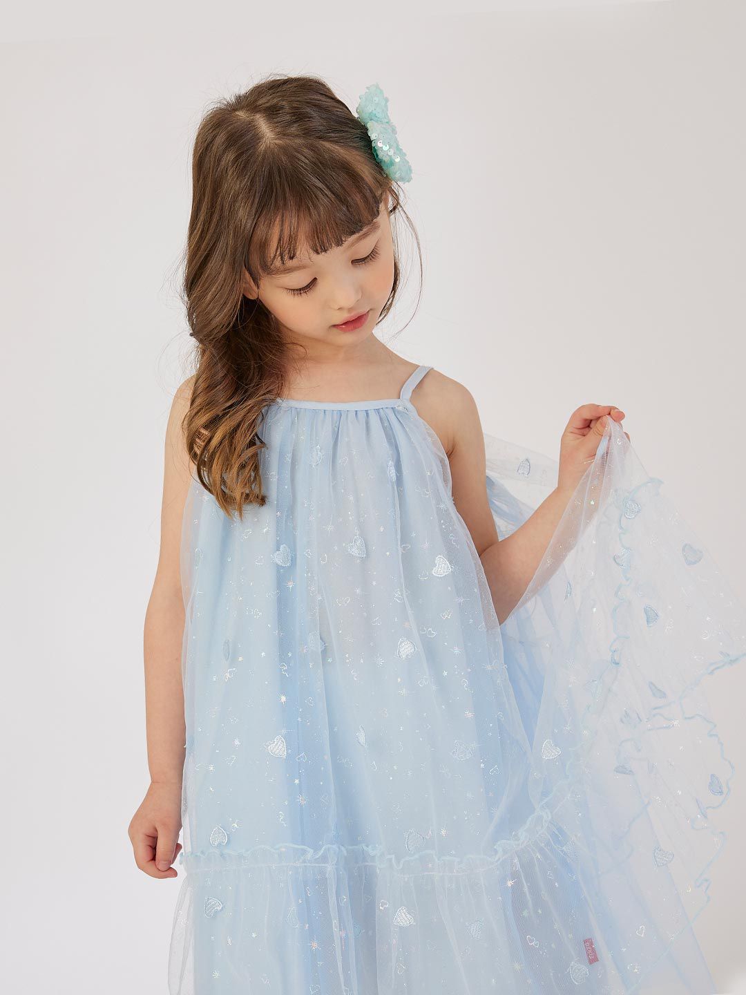 韓國 OZKIZ - 閃亮愛心網紗細肩帶背心洋裝-天空藍