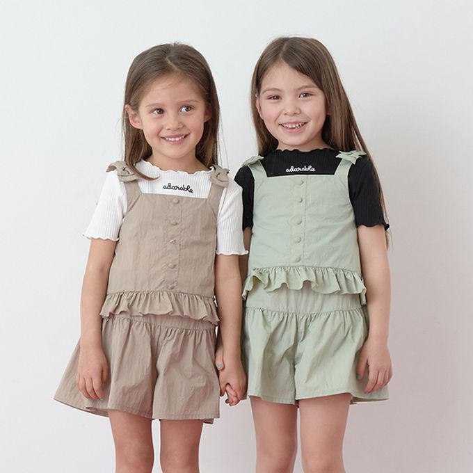 日本 Lycee mine - 可愛吊帶上衣+蓬蓬短褲2件式套裝-卡其