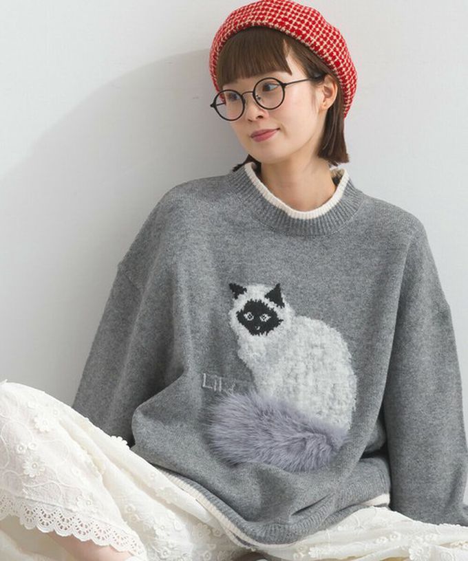 日本 Lupilien - 毛絨尾巴貓咪設計感針織長袖上衣-米白