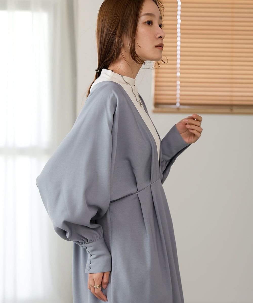 日本 Bab - 大V領拼接唯美歐風長袖洋裝-灰藍