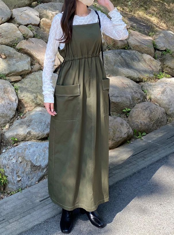 日本 GRL - 聯名款 側抽繩工裝風吊帶裙-黑 (F)