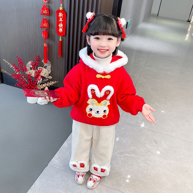 加絨喜氣洋洋拜年套裝-萌萌兔子年獸-紅+白