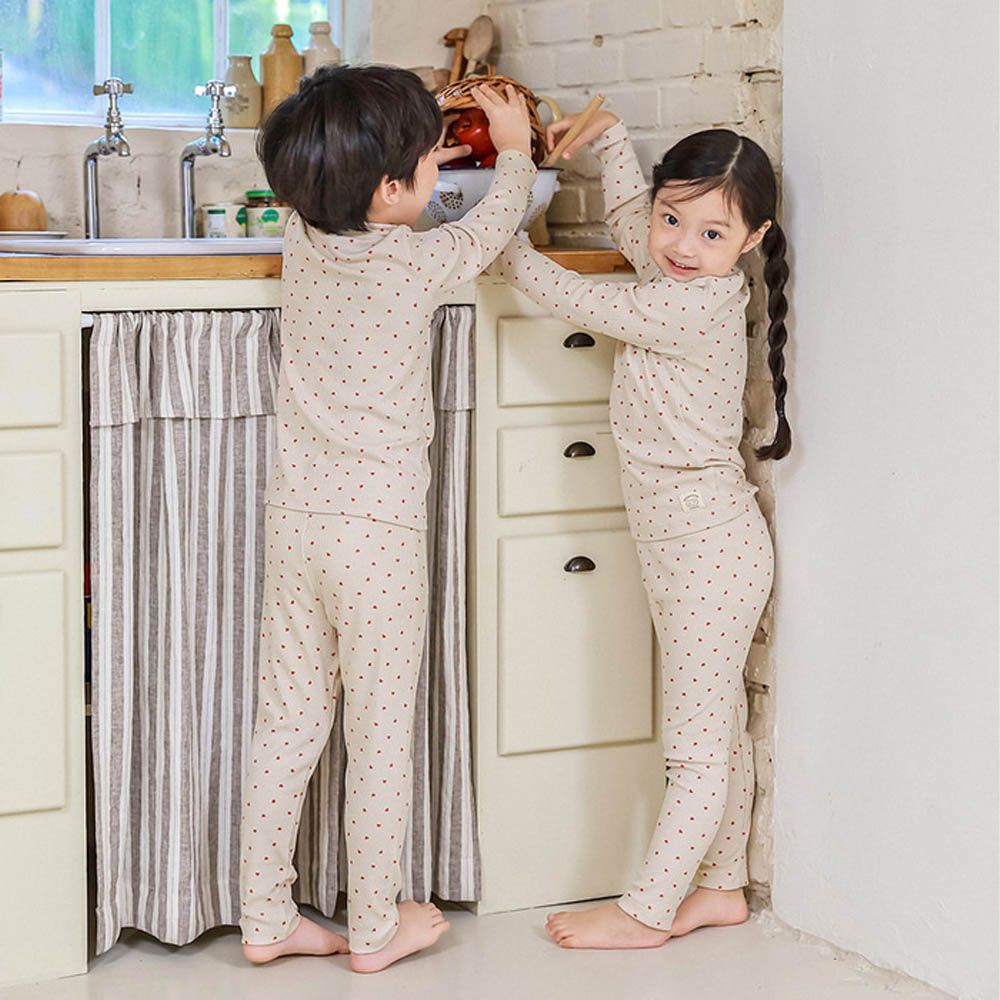 莫代爾親膚羅紋彈力微厚長袖家居服-紅心-米