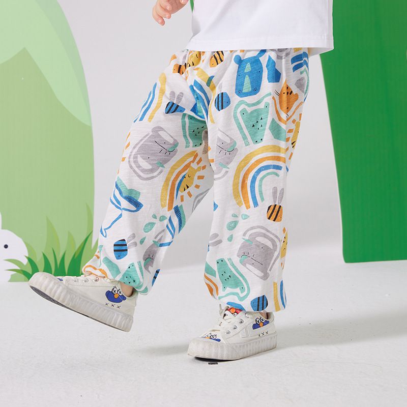 純棉束口長褲/防蚊褲-動物世界-白色