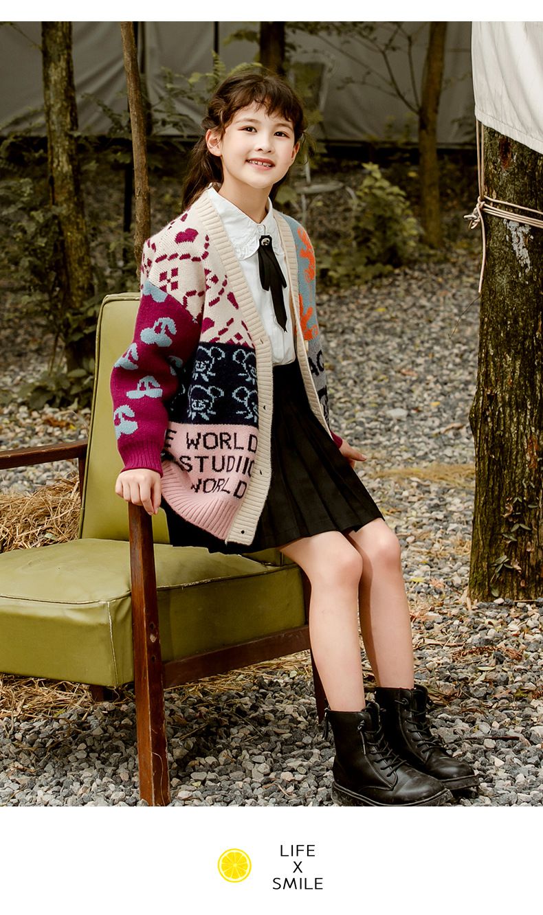 提花小熊針織毛衣外套-深藍色