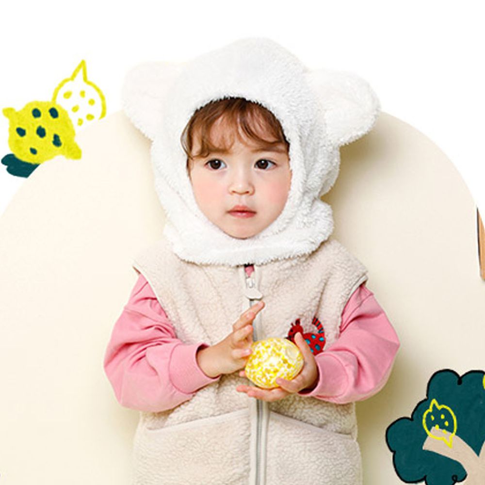 韓國 milk mile - 小熊造型絨毛套頭圍脖帽-象牙白