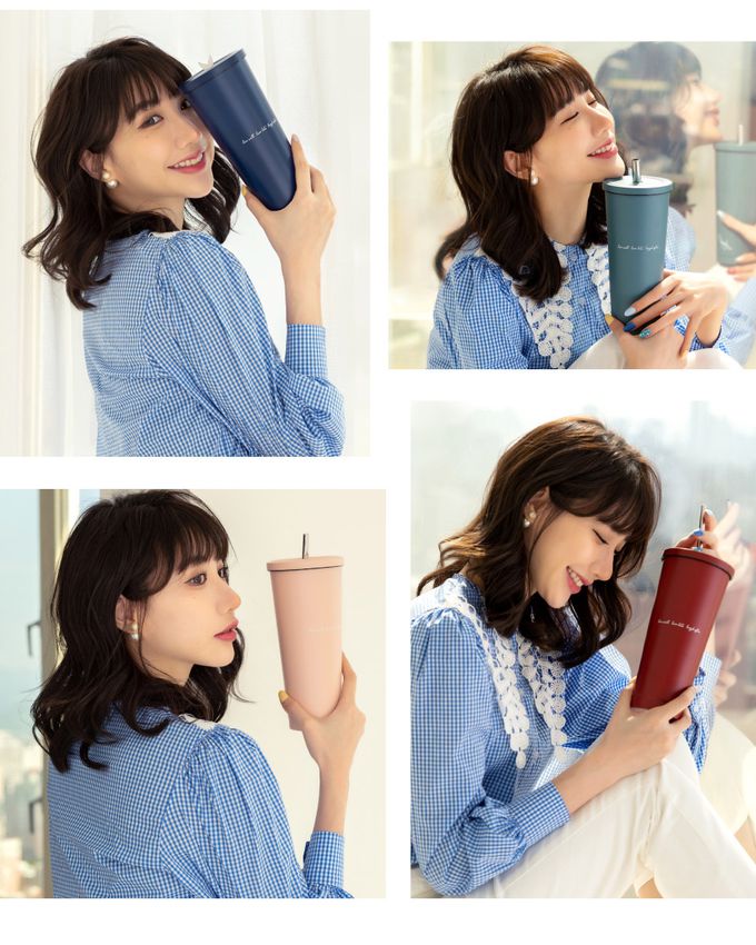 Hiromimi - 不鏽鋼內瓷吸管杯大容量750ml-燒磚緋紅-750ml