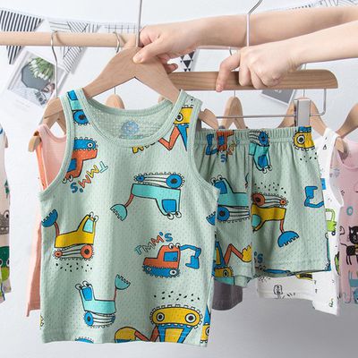 卡通網眼洞洞無袖家居服套裝/空調服-工程車車-綠色
