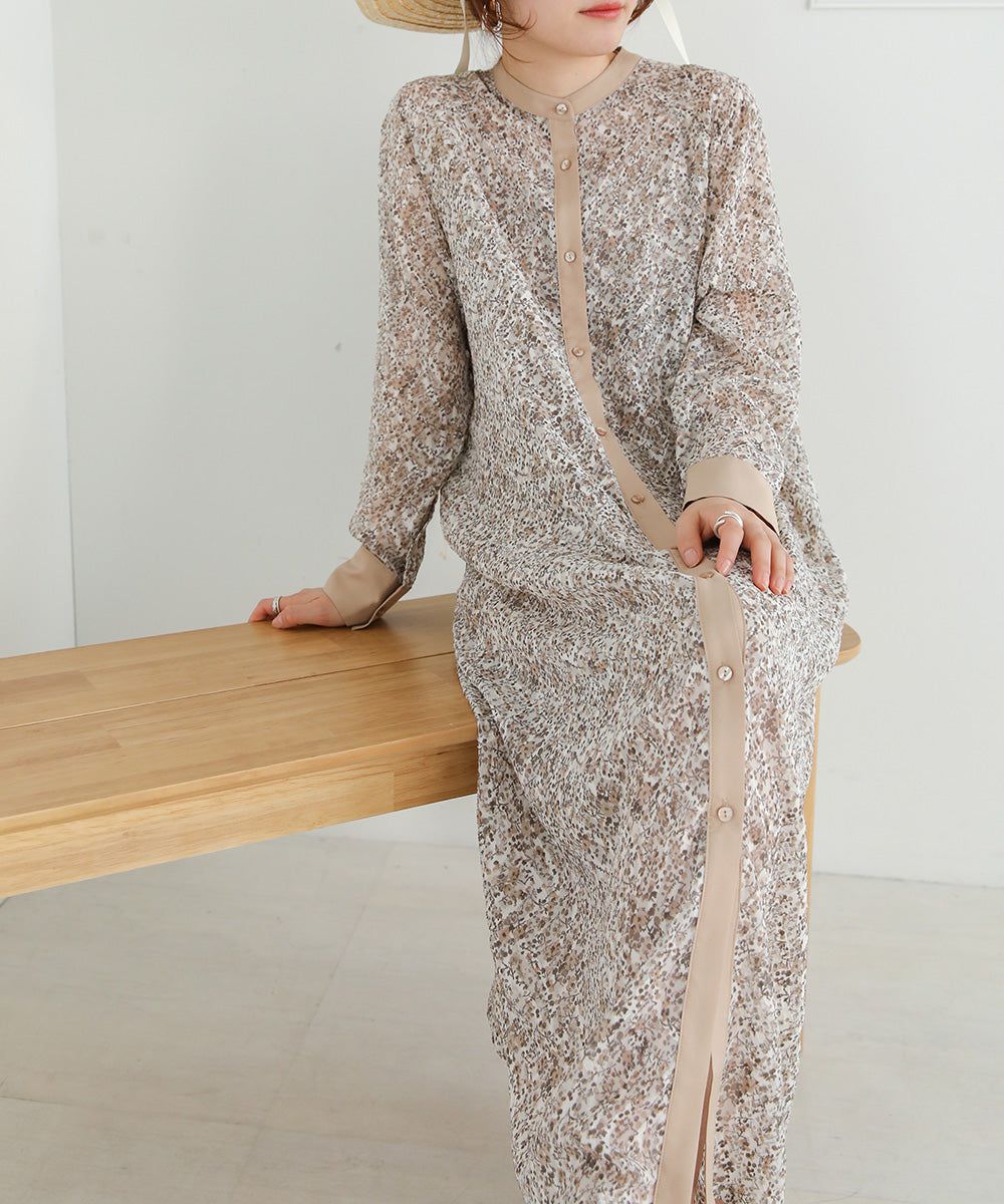 日本 Bab - 文藝浪漫碎花排扣洋裝-石英灰