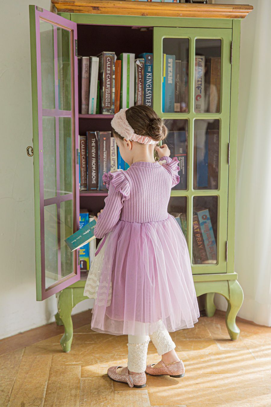 韓國 mari an u - (裏起毛)假蕾絲圍裙立體領網紗洋裝-薰衣紫