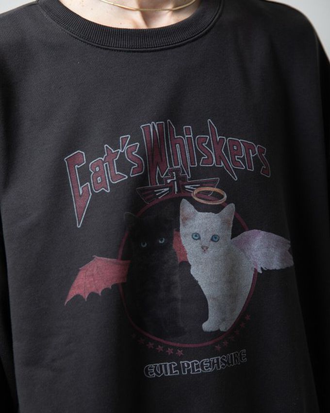 日本 gleam - 裏毛寬版天使惡魔貓咪印花大學T-深藍