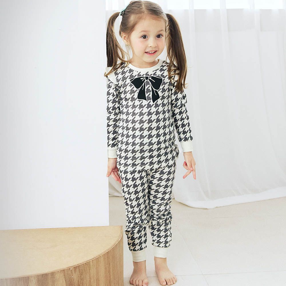 細緻柔棉彈性長袖家居服-蝴蝶結千鳥格-黑X白