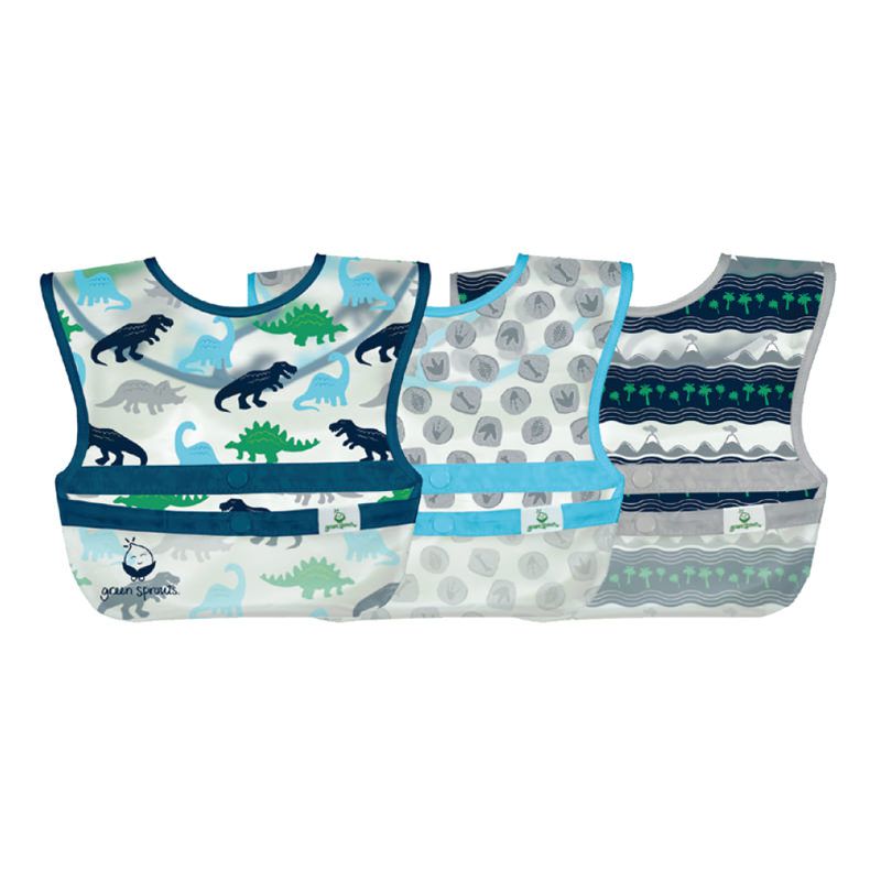 美國 green sprouts - 小綠芽魔鬼氈雙面防水/防食物掉落圍兜三入組-恐龍