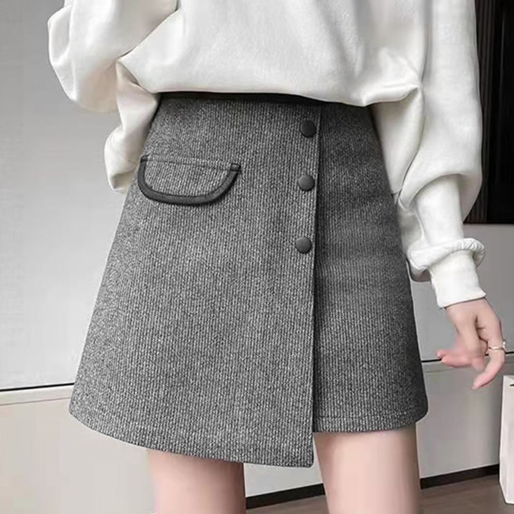 日本 GRL - 不規則裙擺排釦毛呢短裙(附安全褲內襯)-黑