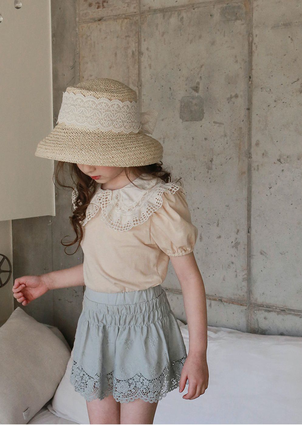 韓國 PuellaFLO - 鏤空格子大白領上衣-蜜桃粉