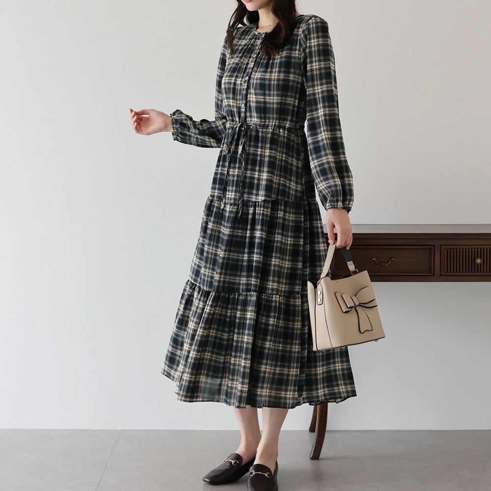 經典低調格紋分層束腰長袖洋裝-海軍藍