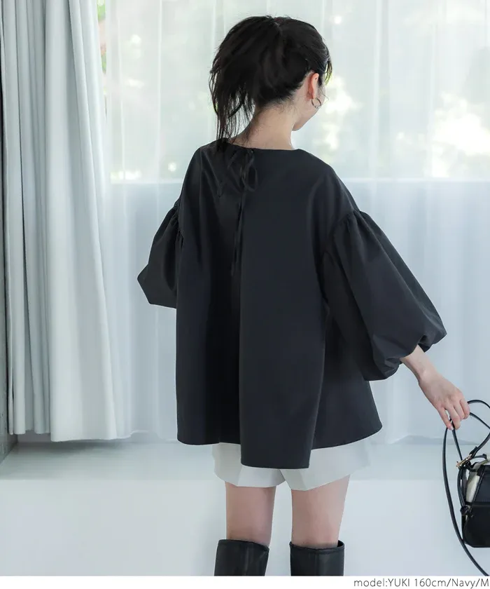 日本 COCA - 經典浪漫圓領澎澎袖上衣-深藍