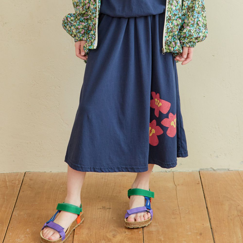 NAVi 鬆緊腰純棉休閒中長裙-塗鴉花朵-海軍藍