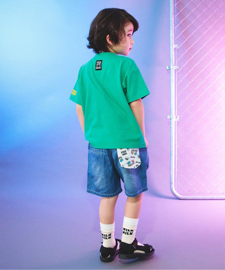 日本 BREEZE - 夏日祭典逗趣刺繡手巾牛仔短褲-幽默師匠-淺藍