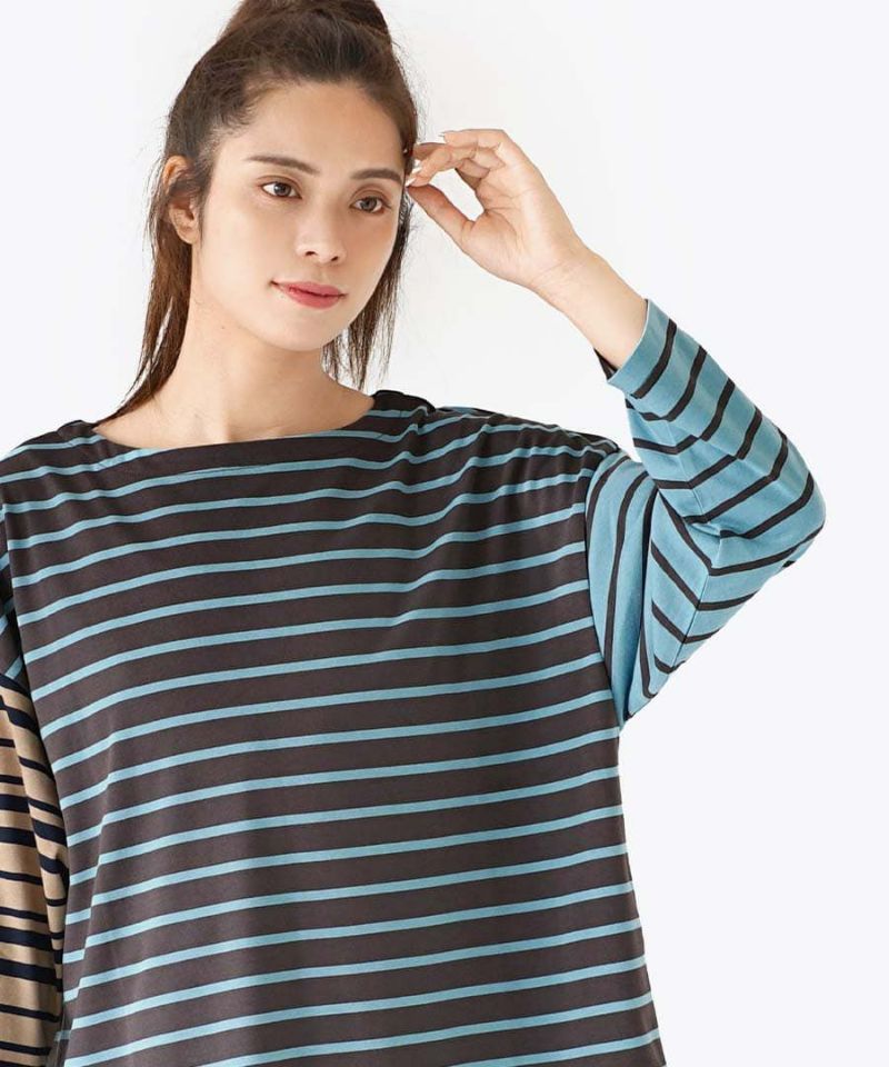 日本 zootie - 撞色條紋拼接薄長袖上衣-薰衣草