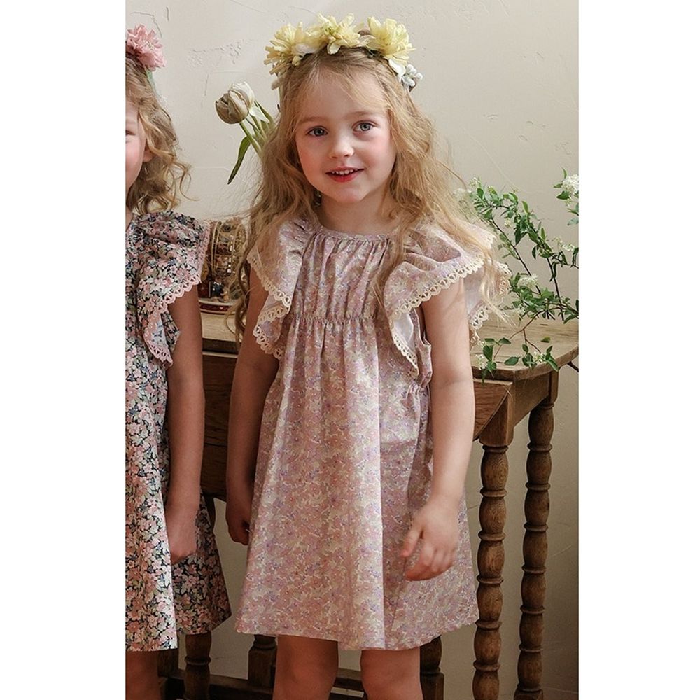 Puellaflo 花漾精靈荷葉飛袖連身洋裝-粉X紫