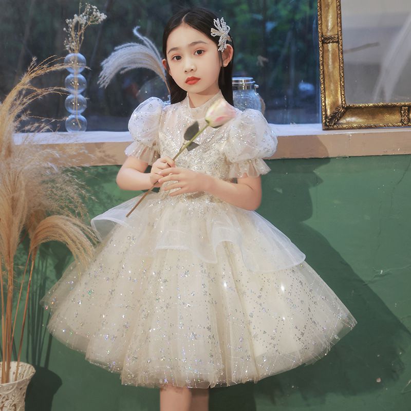 半高領立體雙層網紗公主袖禮服-星星亮片-香檳色