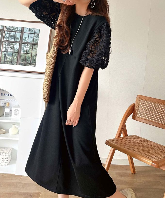 日本 Classical Elf - 夢幻薄紗緹花泡泡袖洋裝-黑x灰藍