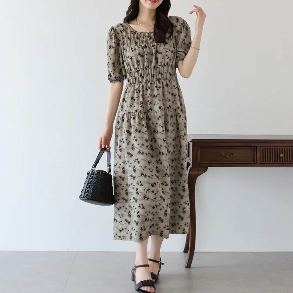 水墨感花卉束腰泡泡袖洋裝-棕綠 (M)